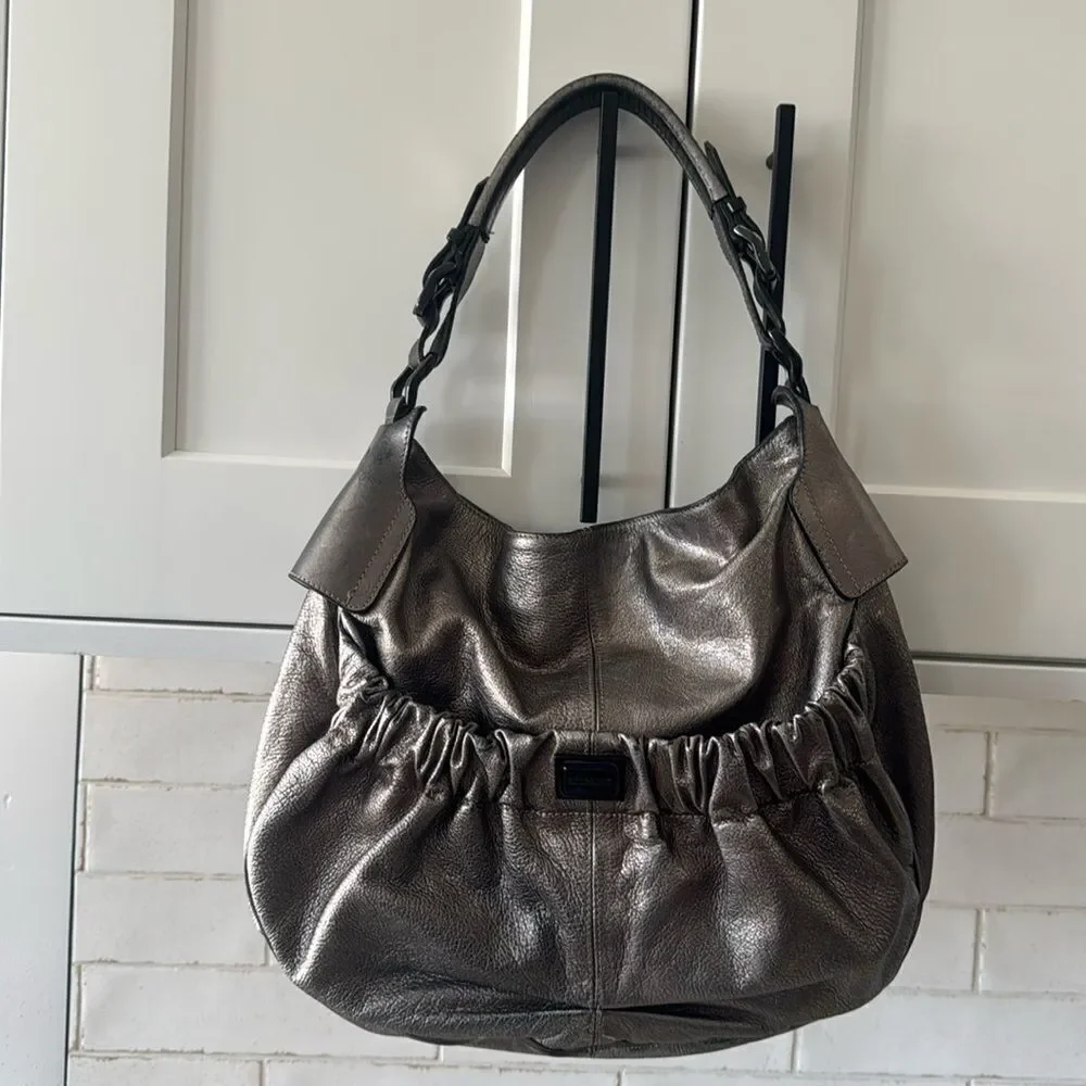 Burberry Warrior Metallic Pewter Leather Satchel Shoulder Handbag Hobo Ruched